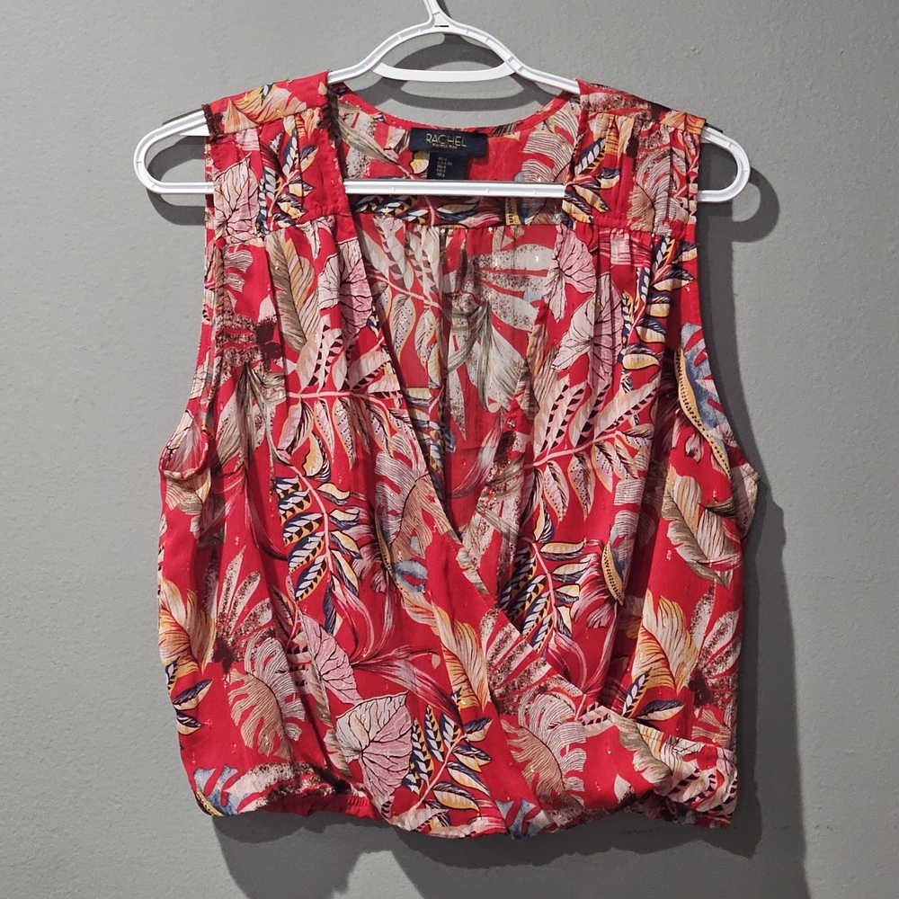 Rachel Roy Women's Crop Top V-Neck Red Tropical Blousen Elastic Hem Size Large